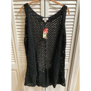 Avenue Open Hand Crocheted Cardigan Sweater Vest Black Floral Vine Back Sz 26/28